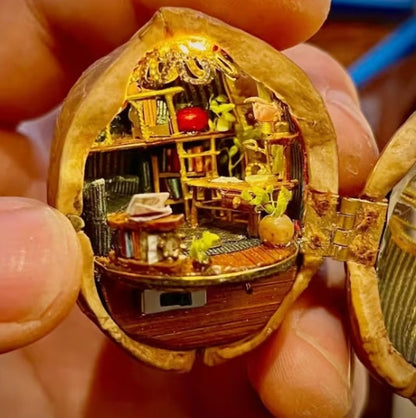 NEW Handmade ?? Walnut Shell Doll House--mini library, tiny World inside walnuts