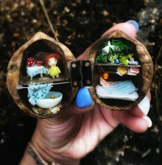 NEW Handmade ?? Walnut Shell Doll House--mini library, tiny World inside walnuts